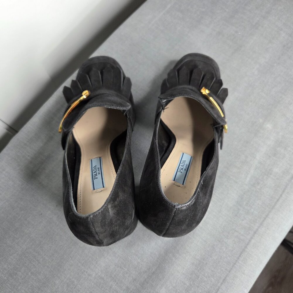 Women's Prada Black Suede Madras Fringe Buckle Slip-On with COA - EU Size 38.5 - Picture 6 of 12